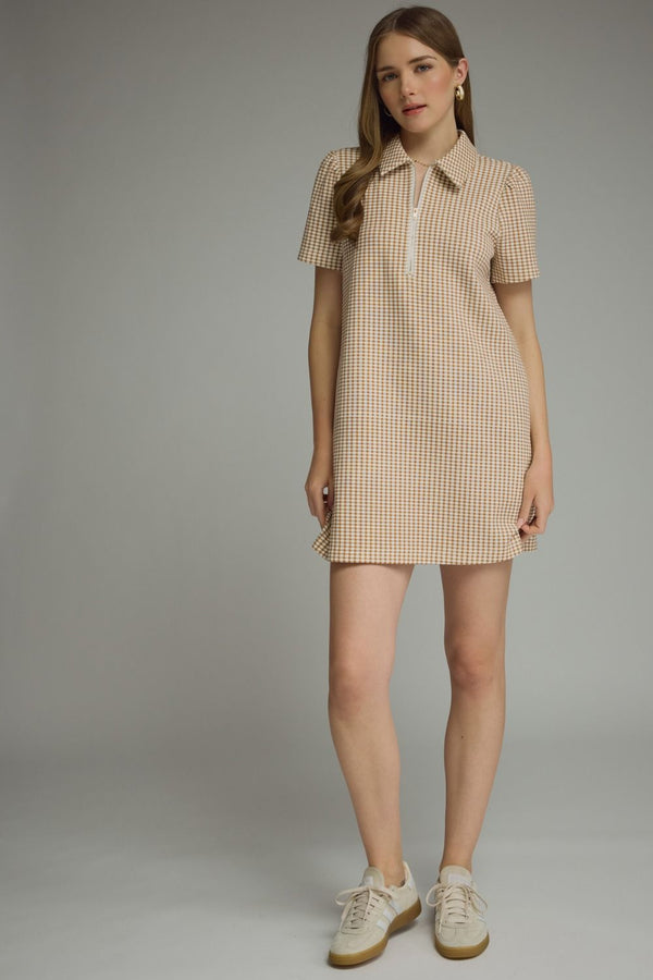 Gingham Print Puff Sleeve Dress- Camel