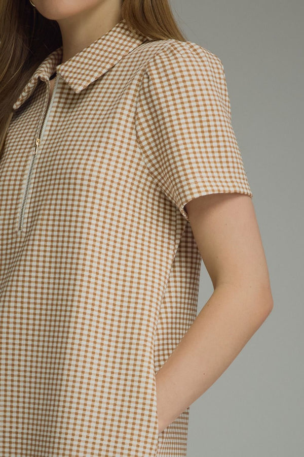 Gingham Print Puff Sleeve Dress- Camel