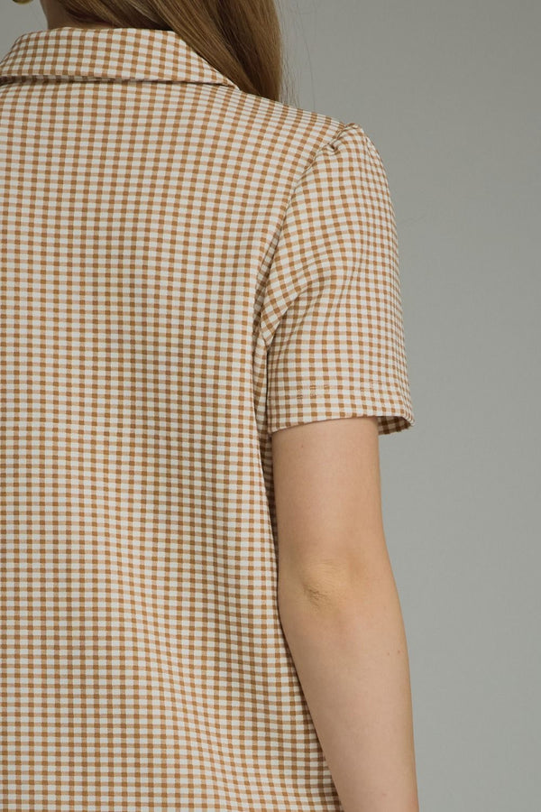 Gingham Print Puff Sleeve Dress- Camel