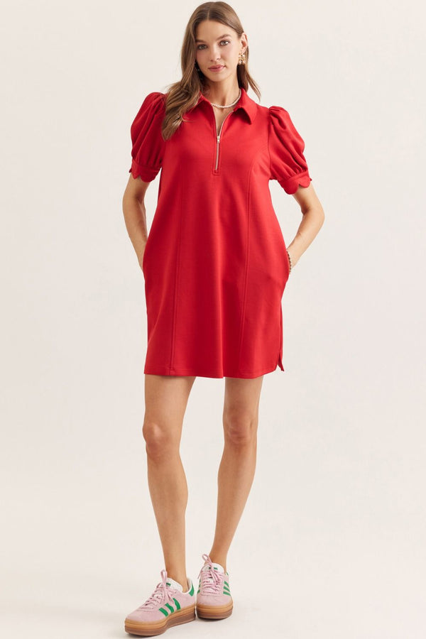 Solid Puff Sleeve Half Zip Dress- Red
