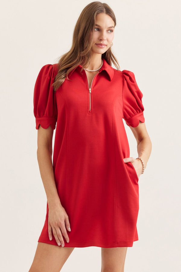 Solid Puff Sleeve Half Zip Dress- Red