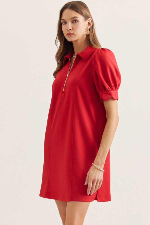 Solid Puff Sleeve Half Zip Dress- Red