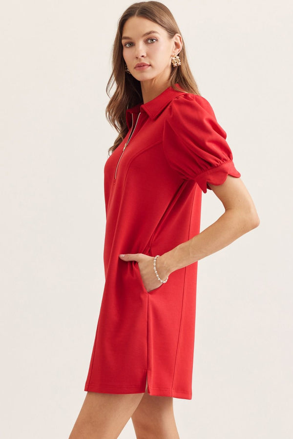 Solid Puff Sleeve Half Zip Dress- Red