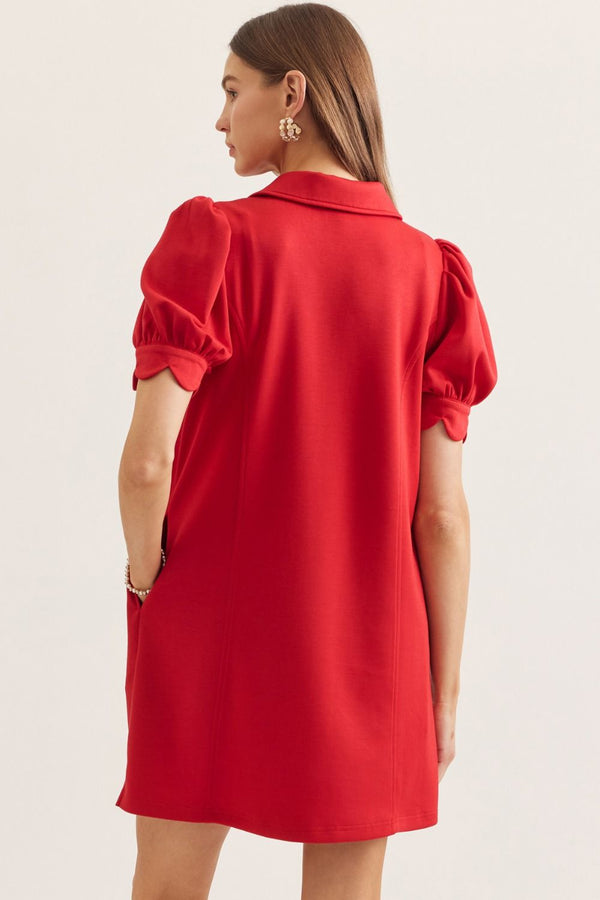 Solid Puff Sleeve Half Zip Dress- Red