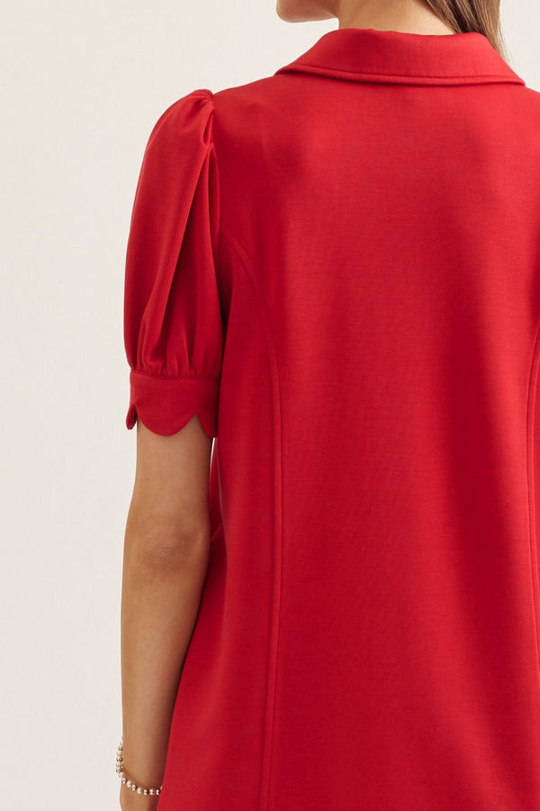 Solid Puff Sleeve Half Zip Dress- Red