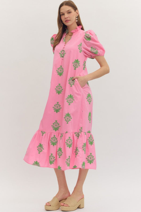 Botanical Embroidery Puff Sleeve Dress- Pink