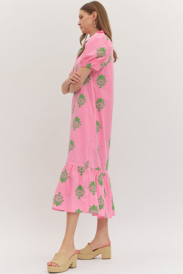 Botanical Embroidery Puff Sleeve Dress- Pink