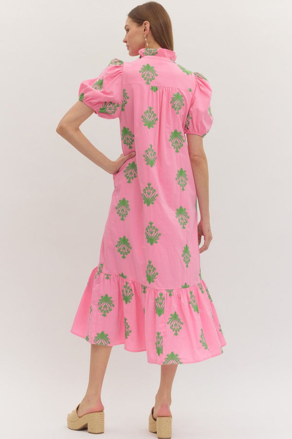 Botanical Embroidery Puff Sleeve Dress- Pink