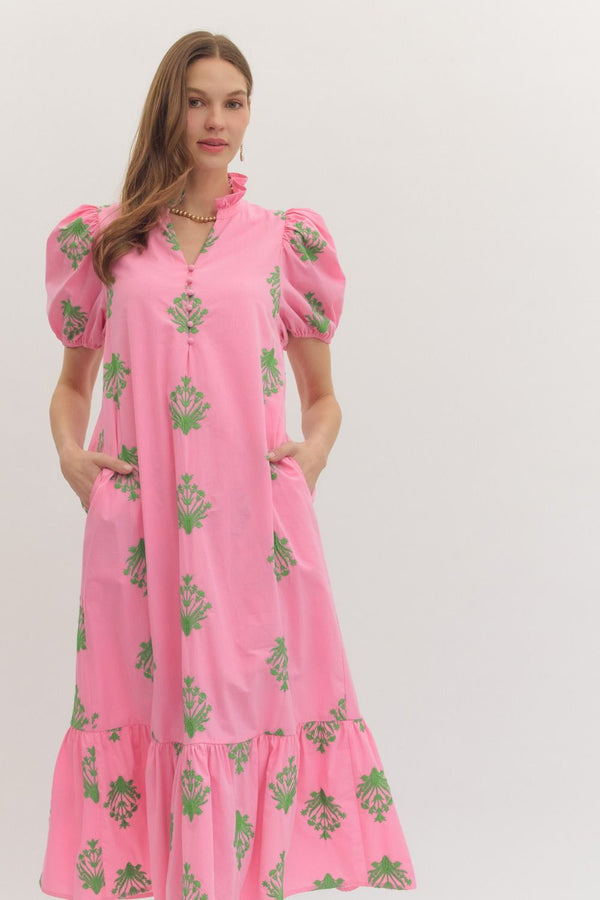 Botanical Embroidery Puff Sleeve Dress- Pink