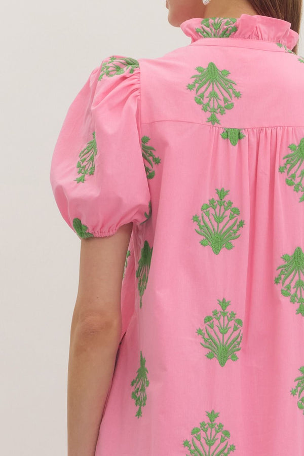 Botanical Embroidery Puff Sleeve Dress- Pink