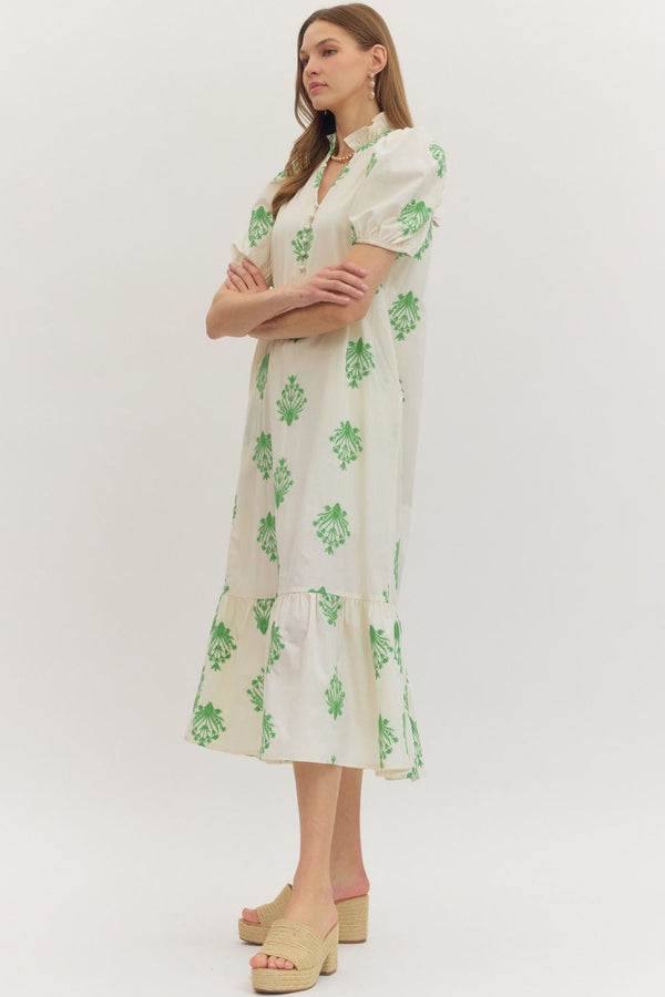 Botanical Embroidery Puff Sleeve Dress- Ecru