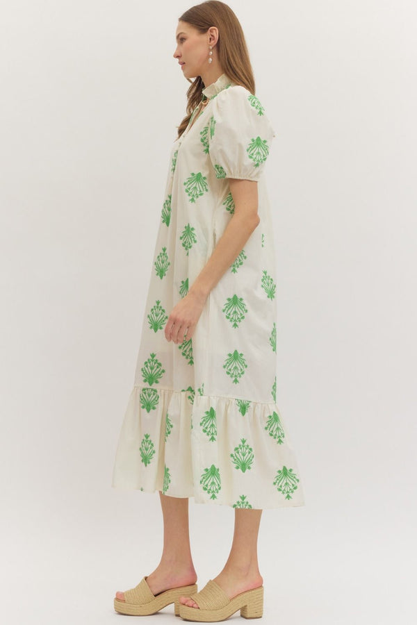 Botanical Embroidery Puff Sleeve Dress- Ecru
