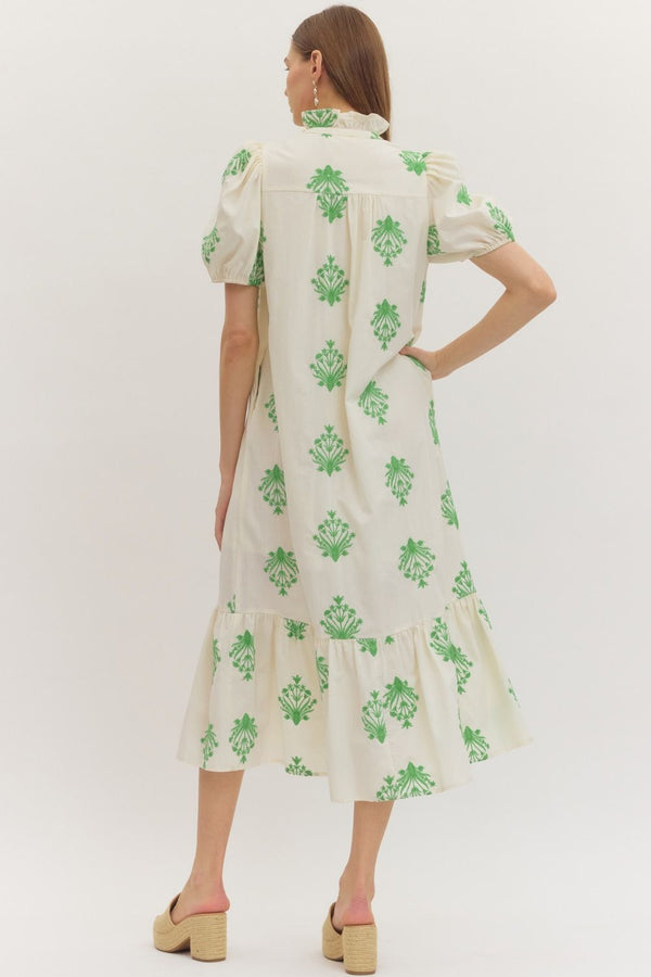 Botanical Embroidery Puff Sleeve Dress- Ecru