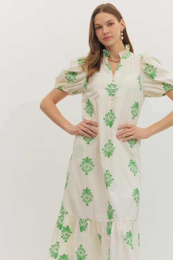 Botanical Embroidery Puff Sleeve Dress- Ecru