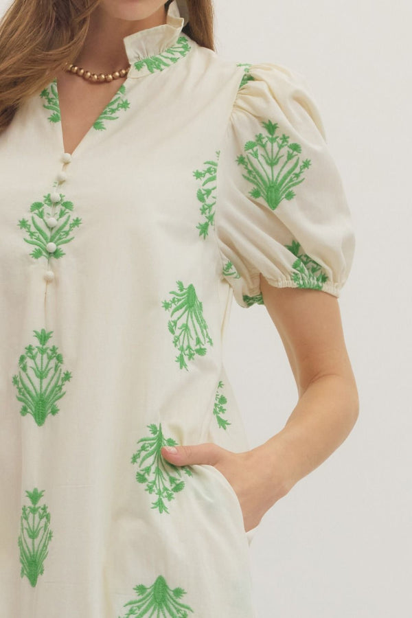 Botanical Embroidery Puff Sleeve Dress- Ecru
