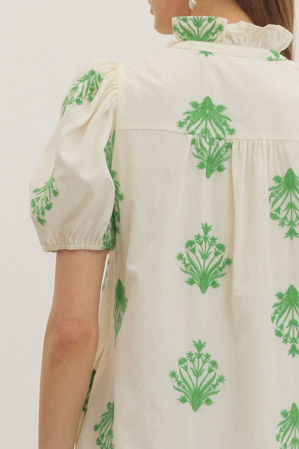 Botanical Embroidery Puff Sleeve Dress- Ecru