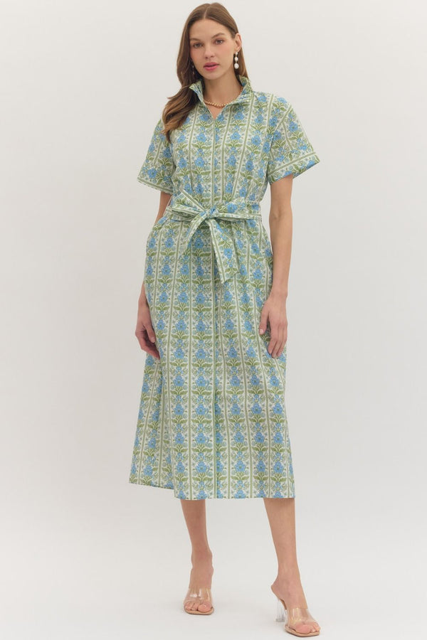 Botanical Print Ruffle Collar Dress- Blue