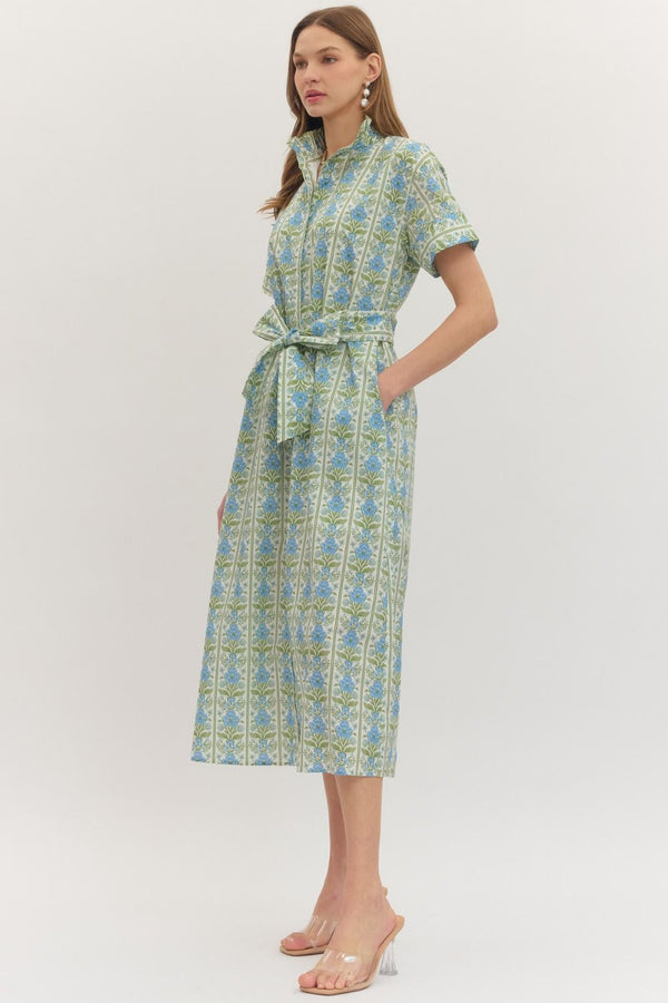 Botanical Print Ruffle Collar Dress- Blue