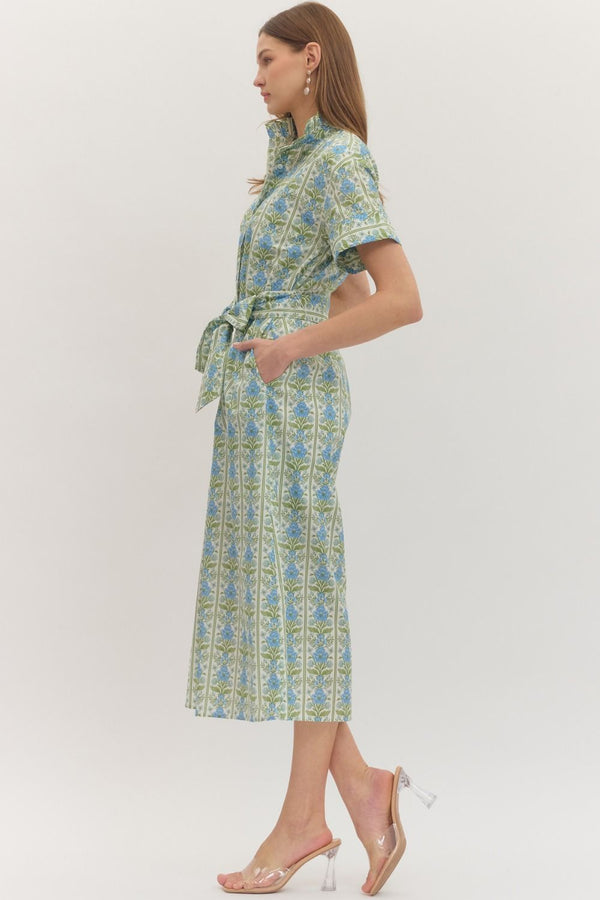 Botanical Print Ruffle Collar Dress- Blue