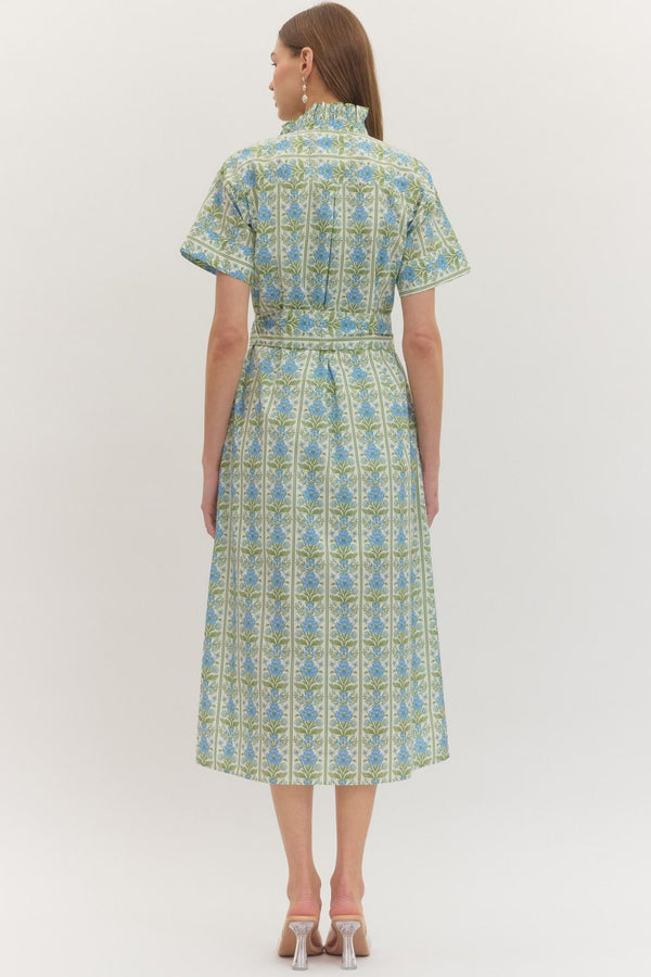 Botanical Print Ruffle Collar Dress- Blue