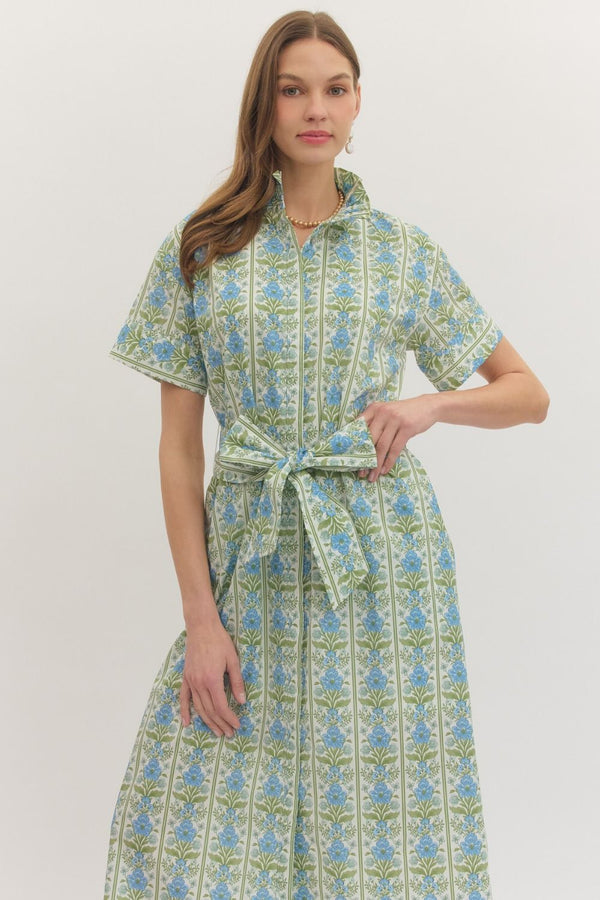 Botanical Print Ruffle Collar Dress- Blue