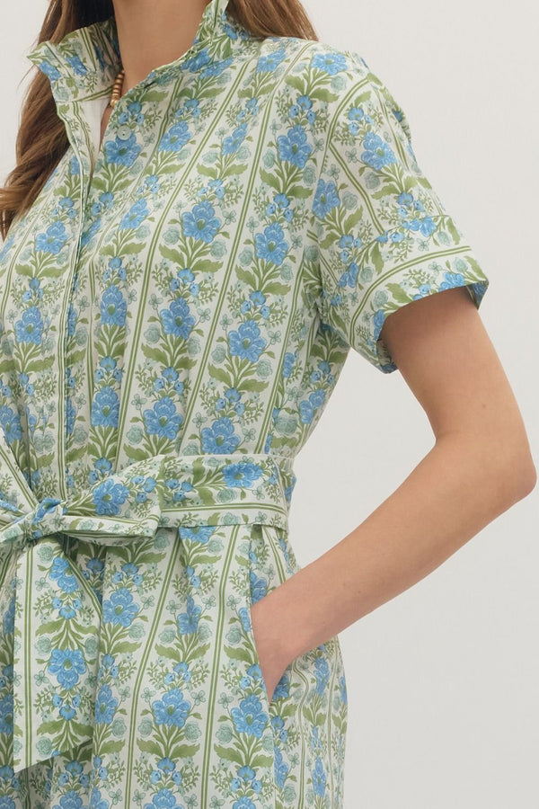 Botanical Print Ruffle Collar Dress- Blue