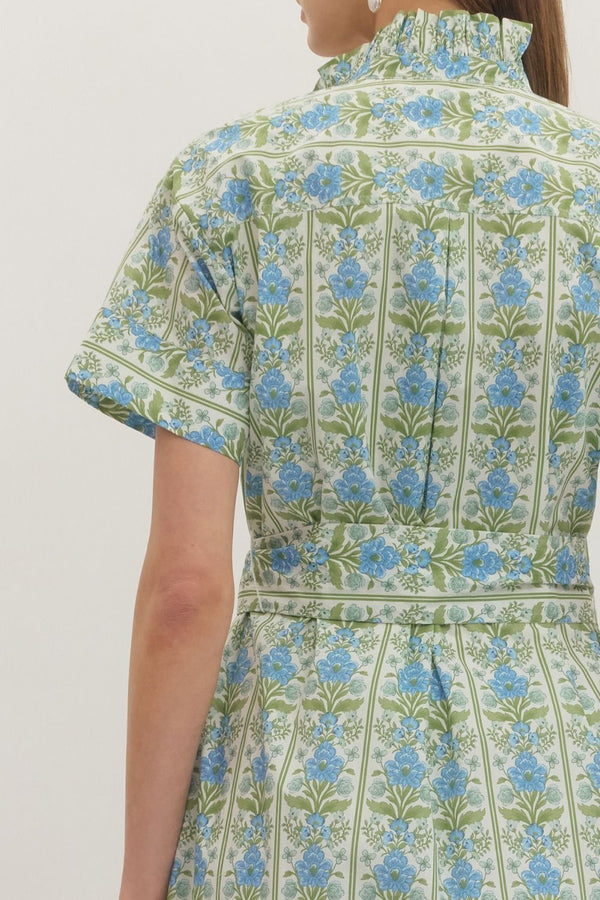 Botanical Print Ruffle Collar Dress- Blue