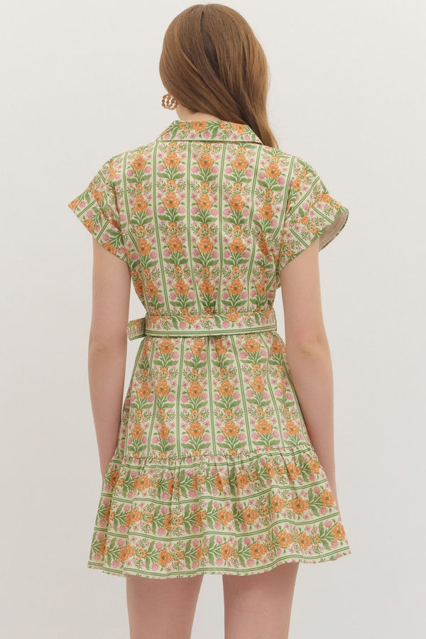 Botanical Stripe Print Dress- Orange