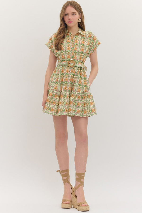 Botanical Stripe Print Dress- Orange