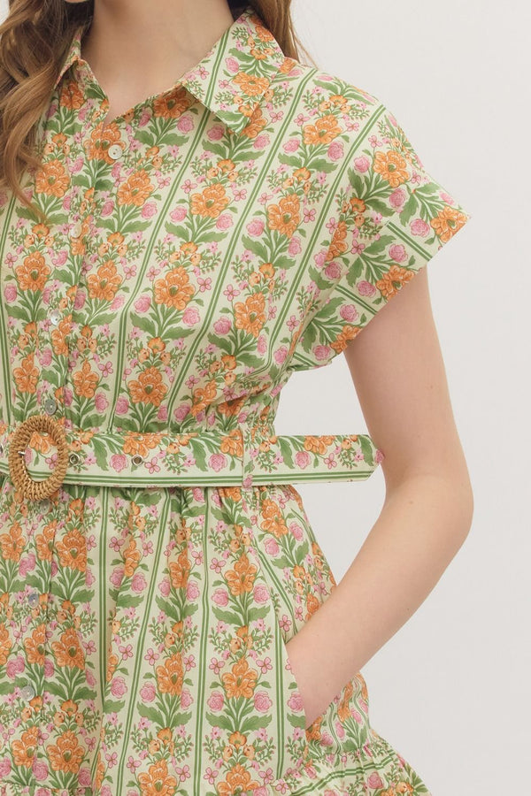 Botanical Stripe Print Dress- Orange