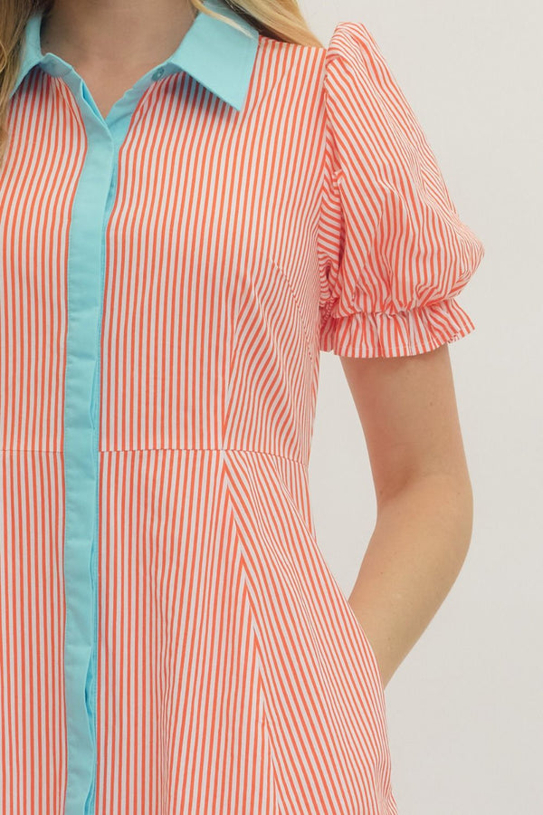 Stripe Puff Sleeve Dress- Orange