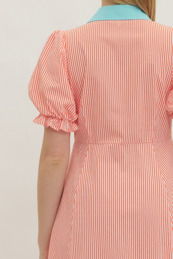 Stripe Puff Sleeve Dress- Orange