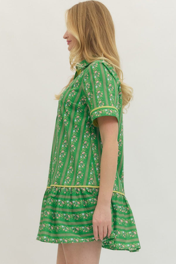 Botanical Stripe Print Dress- Green