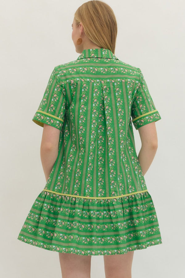 Botanical Stripe Print Dress- Green