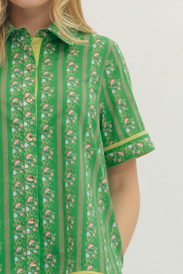 Botanical Stripe Print Dress- Green