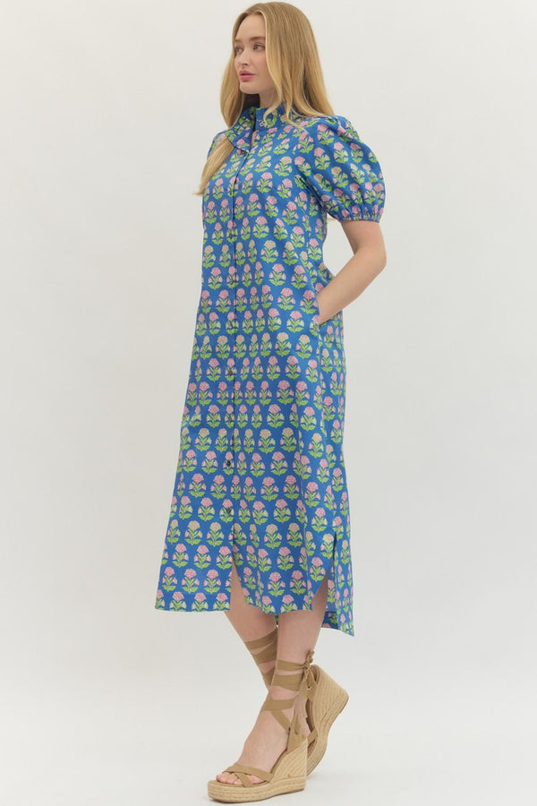 Botanical Print Puff Sleeve Dress- Blue