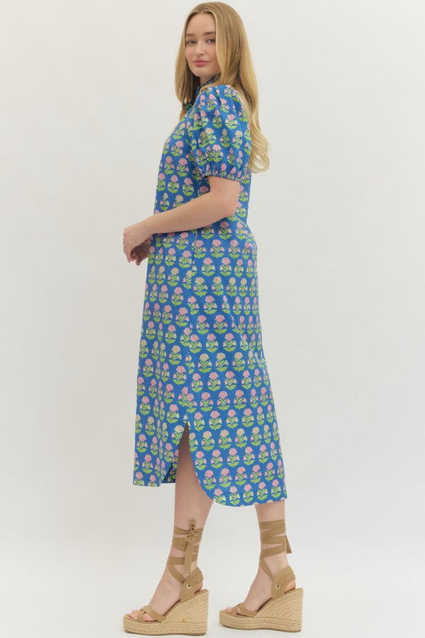 Botanical Print Puff Sleeve Dress- Blue