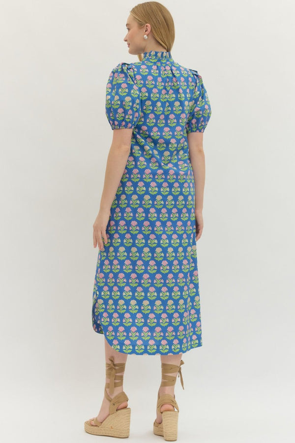 Botanical Print Puff Sleeve Dress- Blue