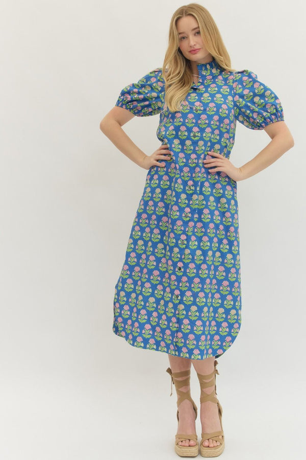 Botanical Print Puff Sleeve Dress- Blue
