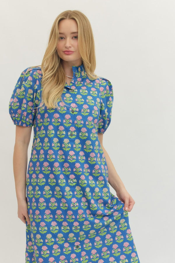 Botanical Print Puff Sleeve Dress- Blue