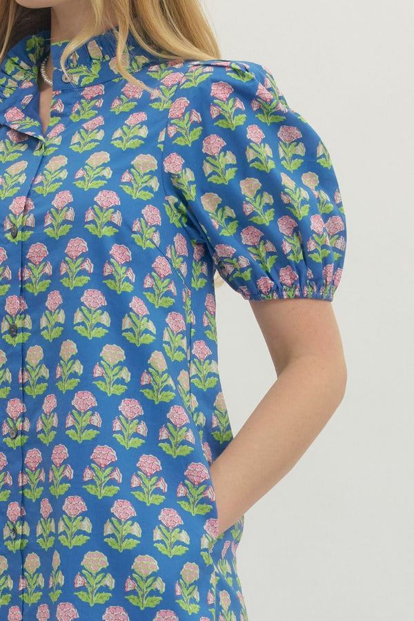 Botanical Print Puff Sleeve Dress- Blue