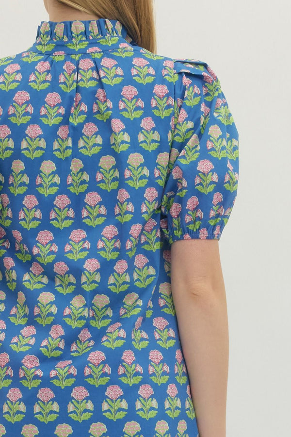 Botanical Print Puff Sleeve Dress- Blue