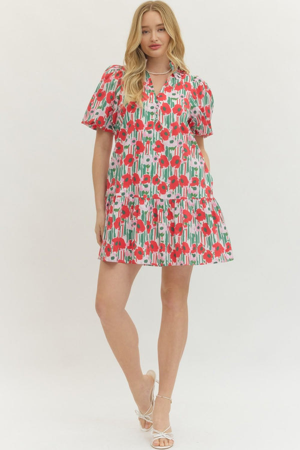 Floral Print Puff Sleeve Dress- Red