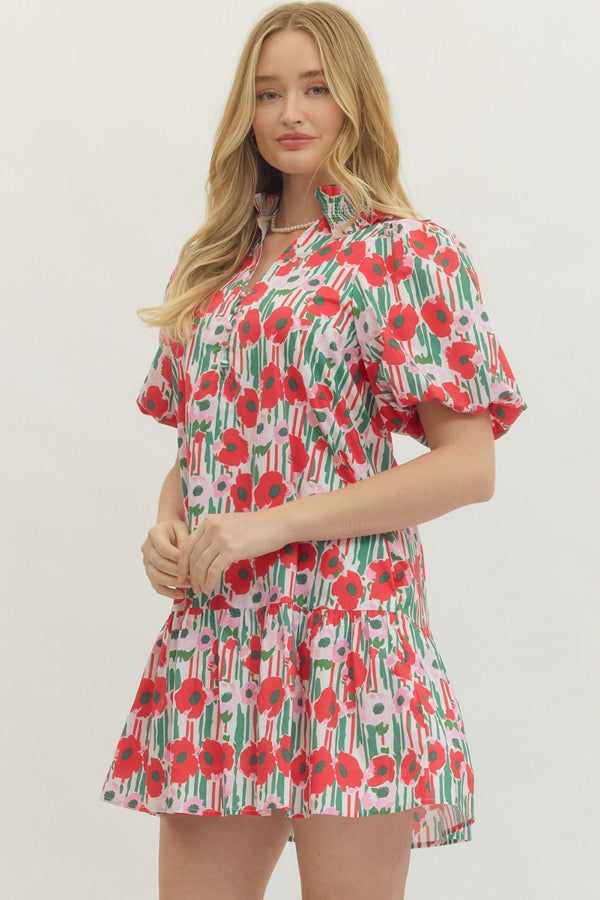 Floral Print Puff Sleeve Dress- Red