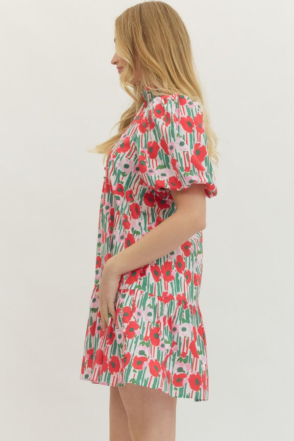 Floral Print Puff Sleeve Dress- Red