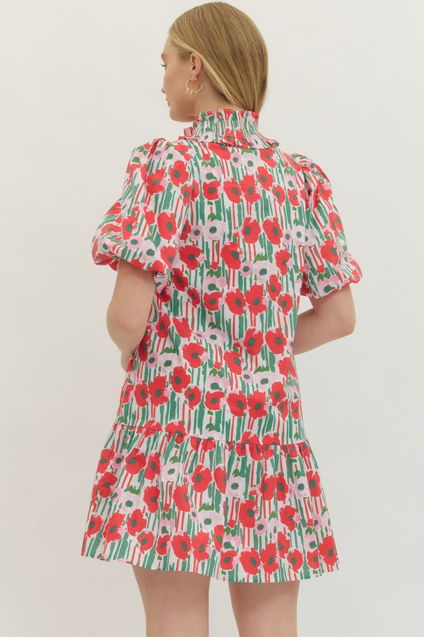 Floral Print Puff Sleeve Dress- Red