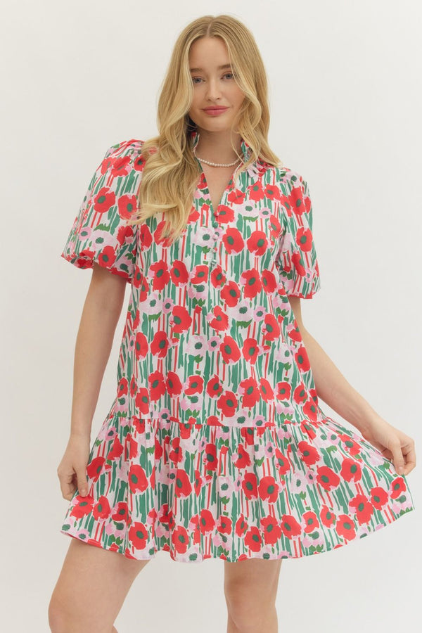 Floral Print Puff Sleeve Dress- Red