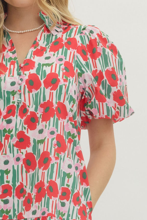 Floral Print Puff Sleeve Dress- Red