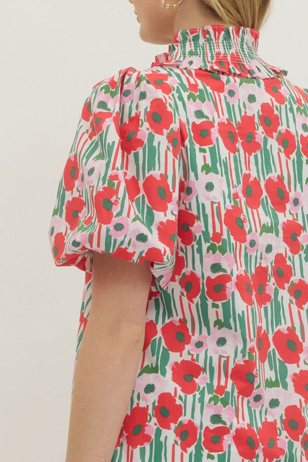 Floral Print Puff Sleeve Dress- Red