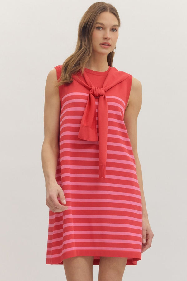 Striped Sleeveless Dress- Red